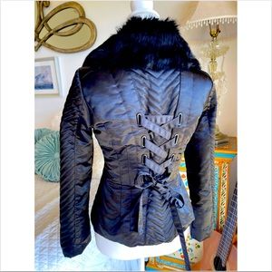 Bebe 100% rabbit fur black down filled corset jacket w/button-up front, XS